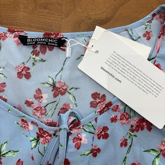 Bloomchic‎ Blue Short Sleeve Blouse Red Floral Tie Button Neck  Sz 18/20 - Picture 7 of 8